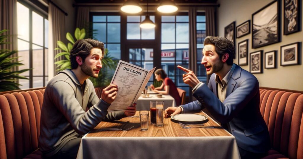 Dois amigos sentados em uma mesa de restaurante, com um mostrando superioridade ao apontar para o cardápio, representando a dinâmica de decisão e preferências pessoais.