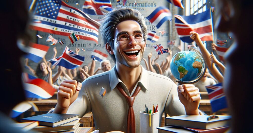 Pessoa sorridente celebrando o aprendizado da expressão inglesa "have one's own way" e o progresso na fluência do idioma, simbolizando alegria e conquista