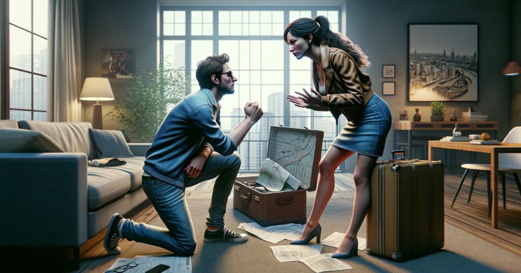 Um casal discute sobre mudar de cidade, com um dos parceiros mostrando-se teimoso, em um ambiente doméstico sugerindo a temática da mudança