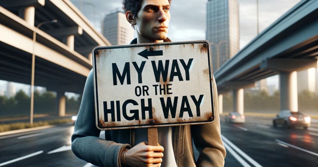 Pessoa segurando um sinal com a frase "My Way or the Highway", representando a determinação em seguir o próprio caminho e fazer escolhas assertivas.