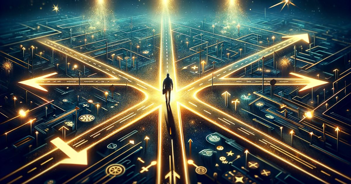 Imagem de uma pessoa escolhendo um caminho iluminado em uma encruzilhada, simbolizando a expressão 'Have One’s Own Way' e a importância da independência